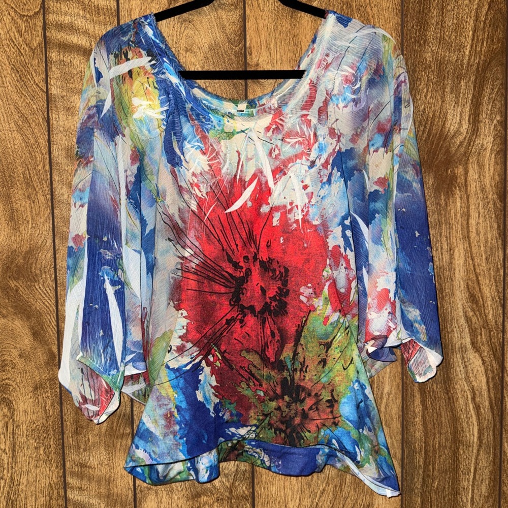 Floral Abstract Batwing Sleeve Sheer Chiffon Top Blue Red Boho TSG203 Small